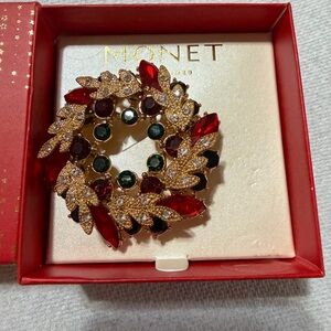 Monet Gold Brooch with Red and Green Accents